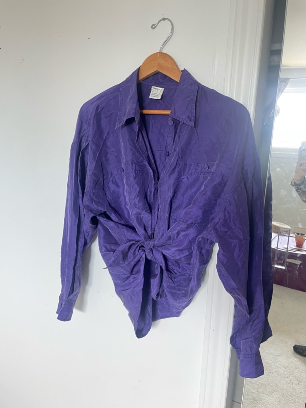 Michelle Louise Vintage Purple 100% Silk Button-Up Tie-Front Blouse